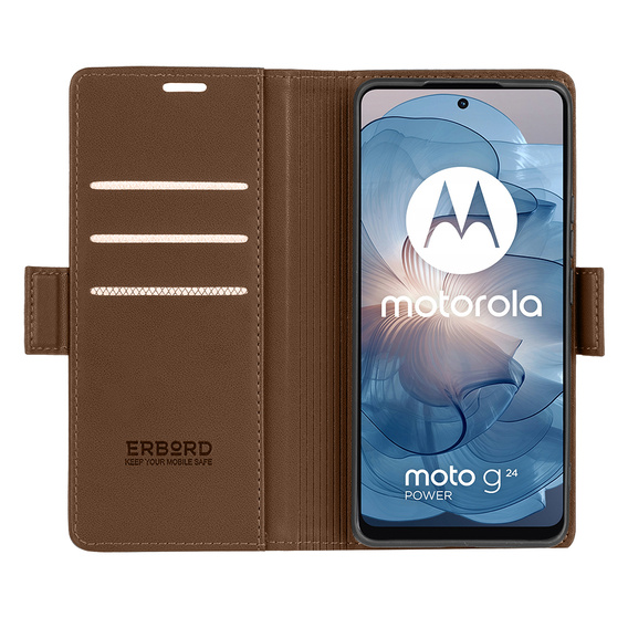 Husă pentru Motorola Moto G24 / Moto G04, ERBORD Glossy Litchi, portofel cu clapetă, maro