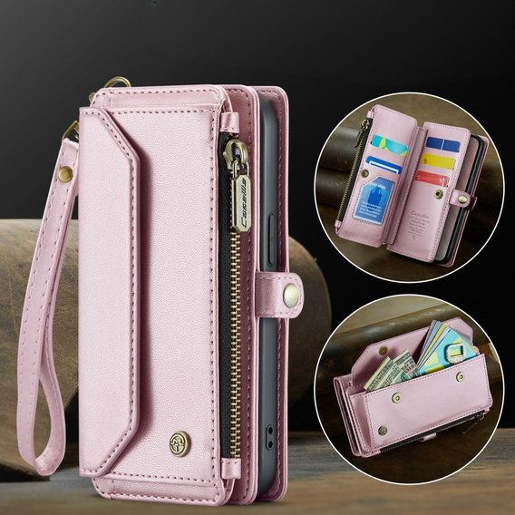 Husă CASEME pentru iPhone16E, RFID Leather Wallet, cu curea de umăr, roz