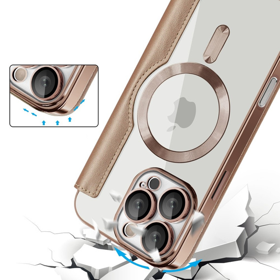 Cu clapetă pentru iPhone 16 Pro Max, RFID Wallet MagSafe CamShield, de aur