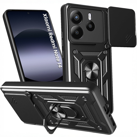 Husă blindată pentru Xiaomi Redmi Note 14 4G, CamShield Slide, negru