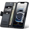 Husă pentru Iphone 16E, ERBORD Glossy Litchi, portofel cu clapetă, negru