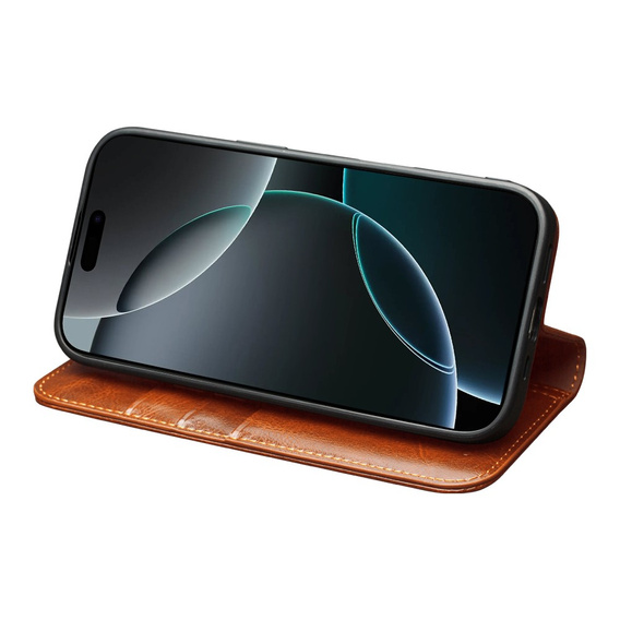 QIALINO Carcasă cu flip din piele de vacă originală pentru iPhone 17 Pro Max, maro