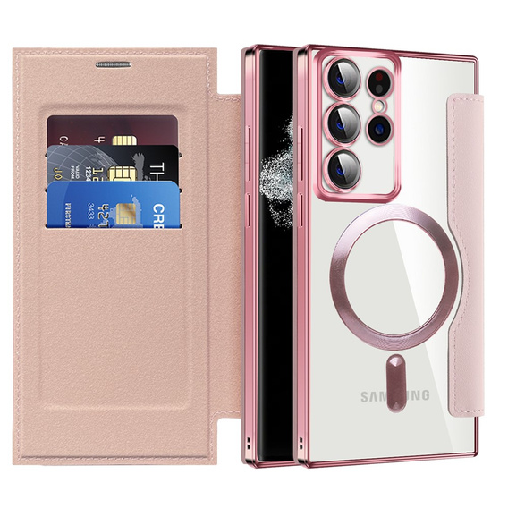 Cu clapetă pentru Samsung Galaxy S22 Ultra 5G, RFID Wallet MagSafe CamShield, roz