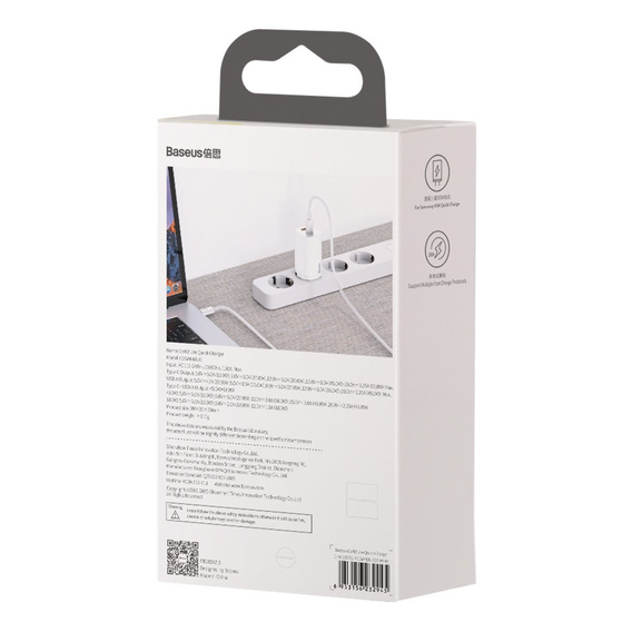 Baseus GaN2 Lite 65 W USB-C + USB-A încărcător de rețea, alb (UE)