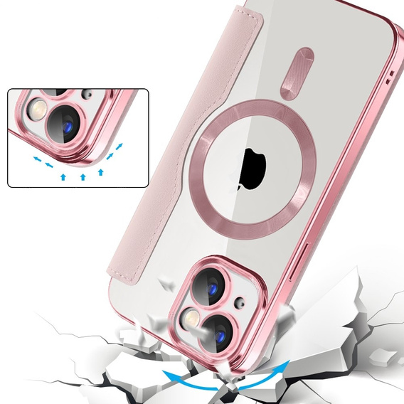 Cu clapetă pentru iPhone 15, RFID Wallet MagSafe CamShield, roz