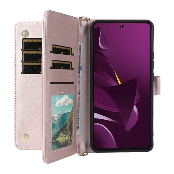 Carcasă cu clapetă pentru Xiaomi Poco M7 Pro 5G, Crossbody Leather Wallet, roz
