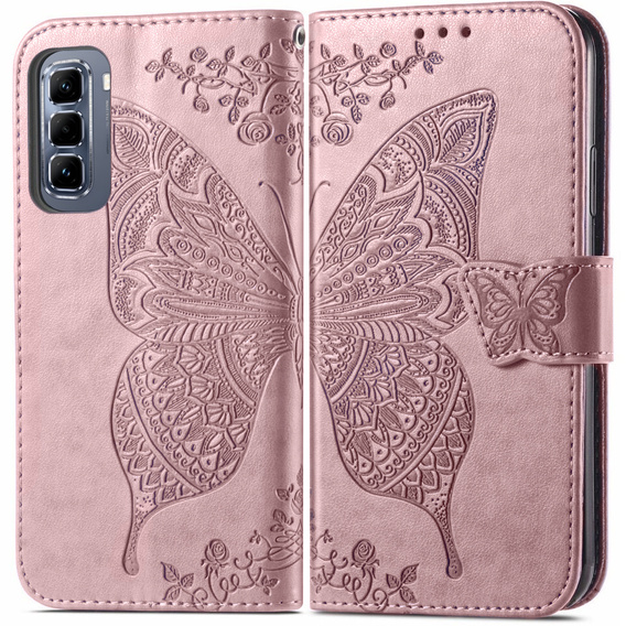 Cu clapetă pentru Infinix Hot 50 Pro+ 4G, Butterfly, roz rose gold