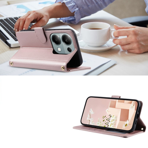 Husă cu clapetă pentru Xiaomi Redmi Note 13 Pro 4G / Xiaomi Redmi Note 14S / Xiaomi Poco M6 Pro 4G, Rhombus Crossbody Leather, roz rose gold