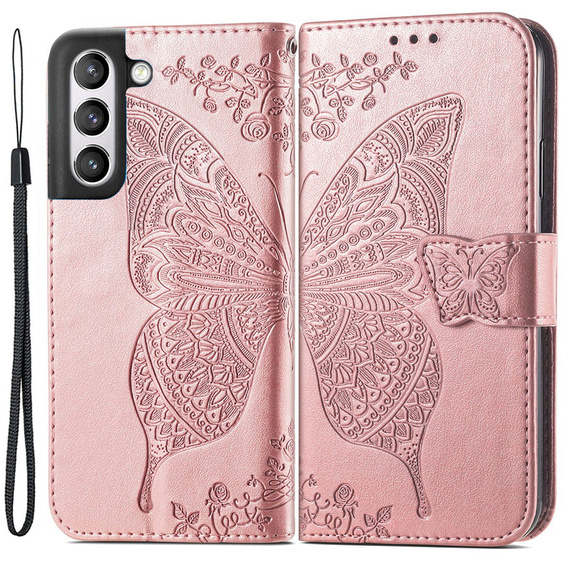 Cu clapetă pentru Samsung Galaxy S21 FE, Butterfly, roz rose gold