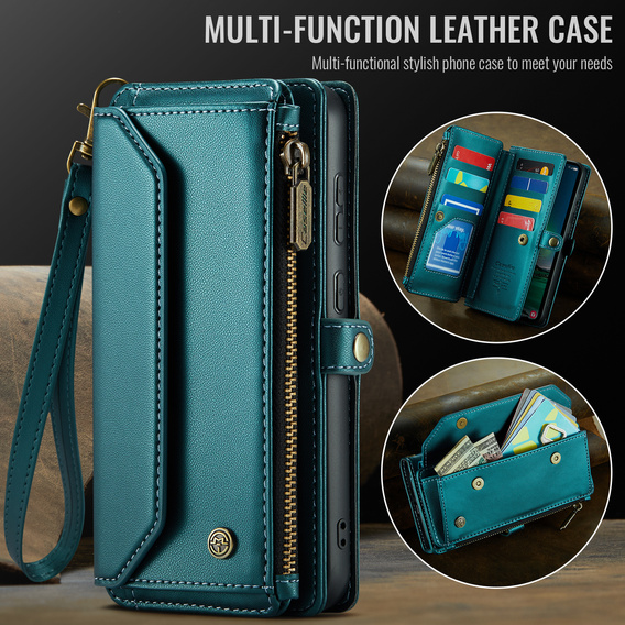 Husă CASEME pentru Samsung Galaxy S25 FE, RFID Leather Wallet, cu curea de umăr, verde