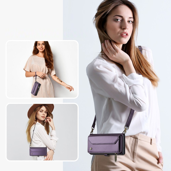 Husă CASEME pentru Samsung Galaxy A55 5G, RFID Leather Wallet, cu curea de umăr, violet