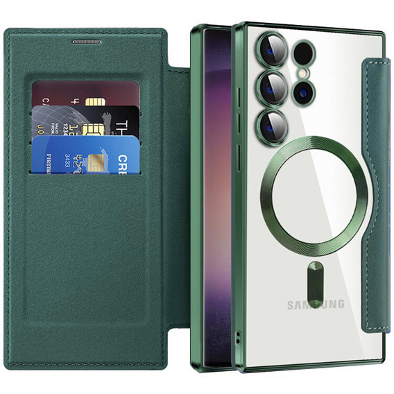 Cu clapetă pentru Samsung Galaxy S24 Ultra, RFID Wallet MagSafe CamShield, verde