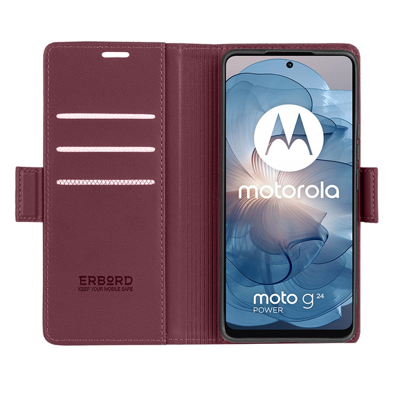 Husă pentru Motorola Moto G24 Power, ERBORD Glossy Litchi, portofel cu clapetă, roșu