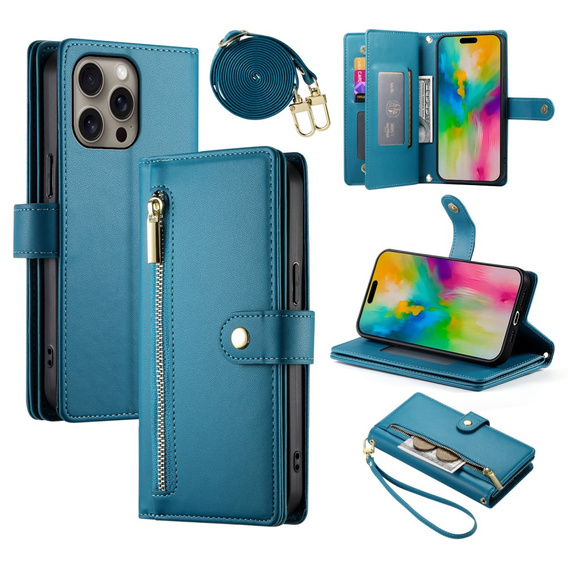 Cu clapetă pentru iPhone 16 Pro, Wallet Zipper Pocket, albastru