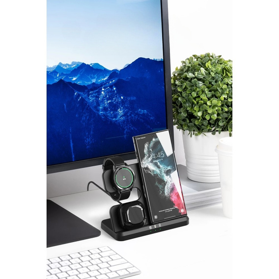 Încărcător wireless inductiv 3 în 1 QI rapid pentru Samsung S25 S24 S23 Galaxy Watch Buds Stație neagră