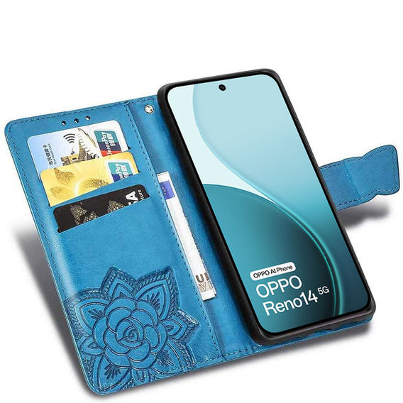 Carcasă flip pentru Oppo Reno 14, Butterfly, portofel, albastru