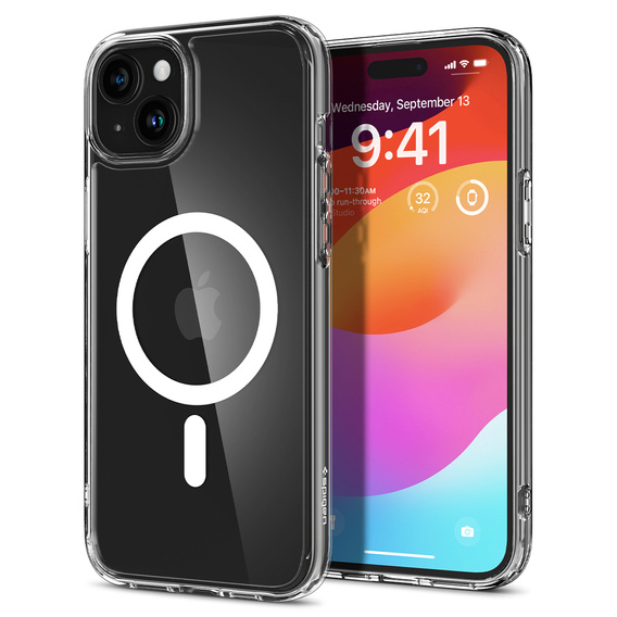 Carcasă MagSafe Spigen pentru iPhone 15, Ultra Hybrid, transparent / alb + 9H Tempered Glass