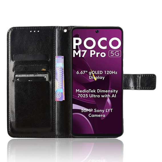 Cu clapetă pentru Xiaomi Poco M7 Pro 5G, Crazy Horse Wallet, negru