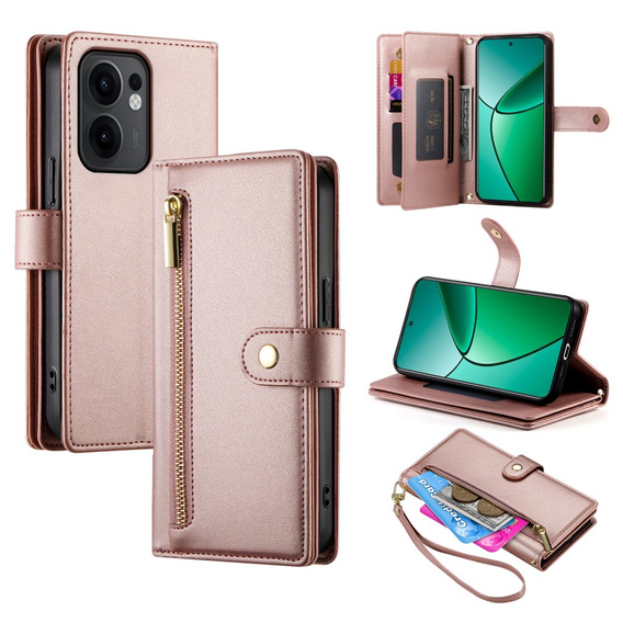 Cu clapetă pentru Oppo Reno 13F 5G, Wallet Zipper Pocket, roz