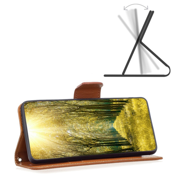 Cu clapetă pentru Samsung Galaxy A15, Wallet Litchi Leather, maro + sticlă 9H 