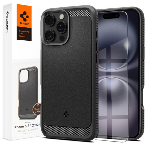 Carcasa Spigen pentru iPhone 16 Pro, Rugged Armor MagSafe, gri + Tempered Glass 9H