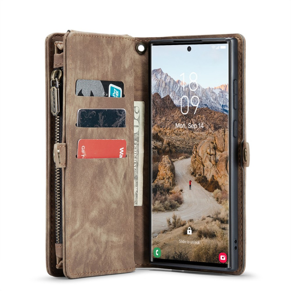 Husă CASEME pentru Samsung Galaxy S25 Ultra, Retro Leather Wallet, cu curea de umăr, maro