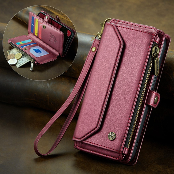 Husă CASEME pentru iPhone16e, RFID Leather Wallet, cu curea de umăr, roșu