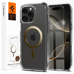 Carcasă MagSafe Spigen pentru iPhone 16 Pro, Ultra Hybrid, transparent / auriu + 9H Tempered Glass
