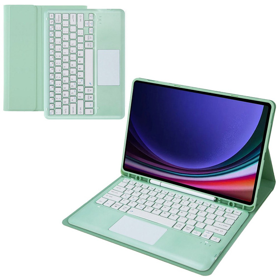 Carcasă + tastatură Samsung Galaxy Tab S9+, Leather Pen Slot TouchPad, verde deschis