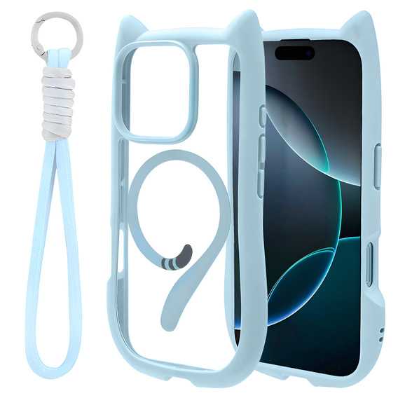 Husă pentru iPhone 16 Pro, pentru MagSafe, Cute Cat, albastru + sticlă pentru ecran