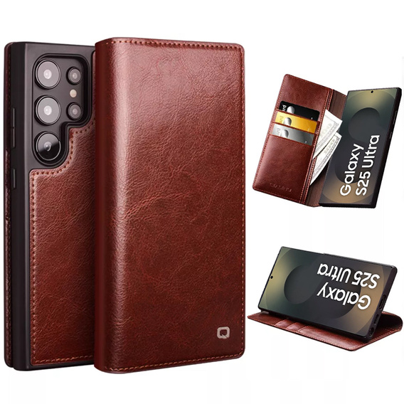 Carcasa flip pentru Samsung Galaxy S25 Ultra, QIALINO Leather Wallet, maro închis
