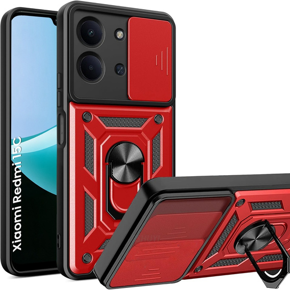 Carcasă blindată pentru Xiaomi Redmi 15C 4G/LTE, cu protecție pentru cameră, cu suport, roșu