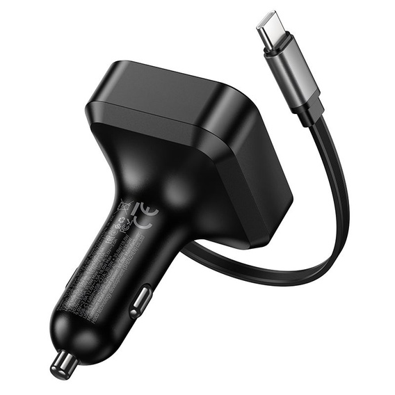 Încărcător auto Hoco cu ieșire triplă și cablu USB-C retractabil de 65 W
