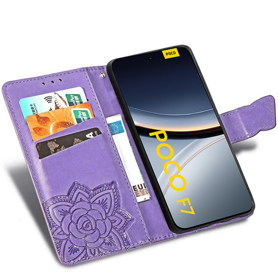 Cu clapetă pentru Xiaomi Poco F7, Butterfly, violet