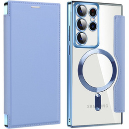 Cu clapetă pentru Samsung Galaxy S22 Ultra 5G, RFID Wallet MagSafe CamShield, albastru