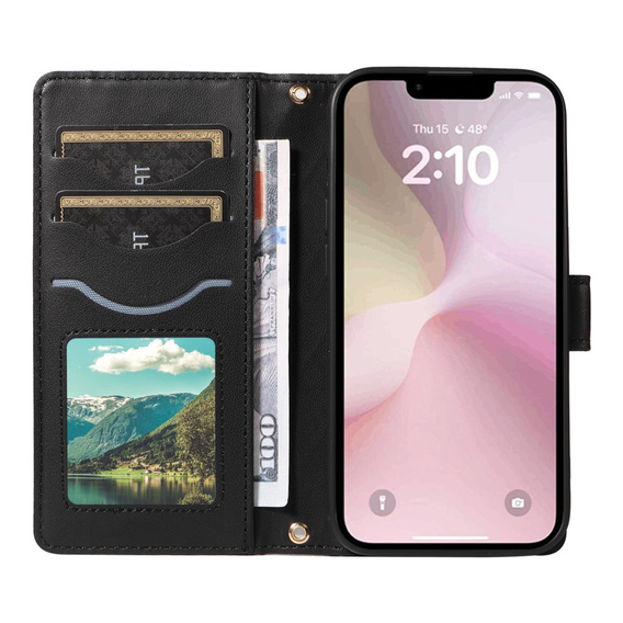 Husă cu clapetă pentru iPhone 16E, Rhombus Crossbody Leather, negru