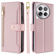 Cu clapetă pentru OnePlus 12 5G, Wallet Zipper Pocket, roz