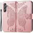 Cu clapetă pentru Samsung Galaxy A15, Butterfly Flower, roz rose gold + sticlă 9H 
