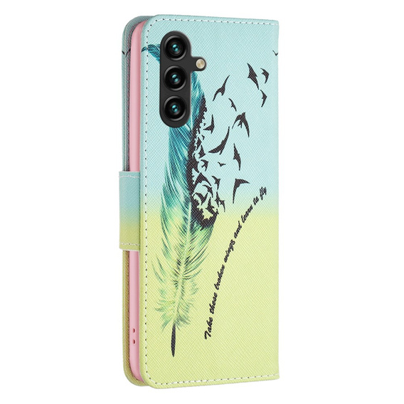 Cu clapetă pentru Samsung Galaxy A35 5G, Wallet, Feather albastru / galben