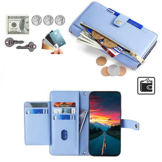 Cu clapetă pentru Realme 14 Pro 5G, Wallet Zipper Pocket, albastru