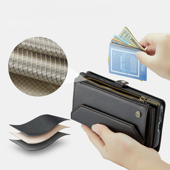 Husă CASEME pentru Samsung Galaxy S25 FE, RFID Leather Wallet, cu curea de umăr, negru