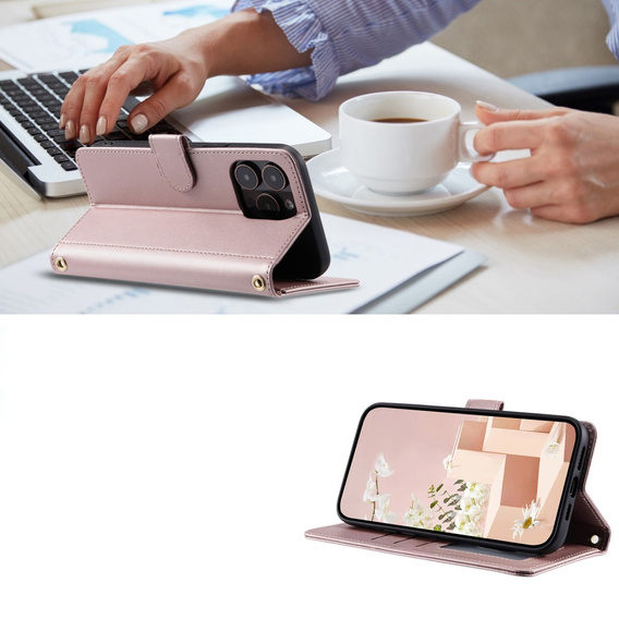Husă cu clapetă pentru iPhone 16 Pro Max, Rhombus Crossbody Leather, roz rose gold