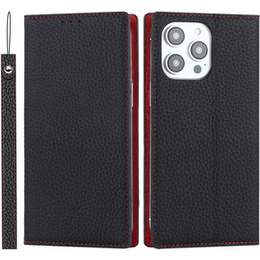 Cu clapetă pentru iPhone 15 Pro, Litchi Skin Grain, negru