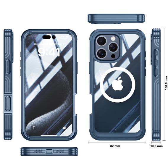Husă pentru iPhone 16 Pro, Shockproof, cu sticlă, pentru MagSafe, albastru închis