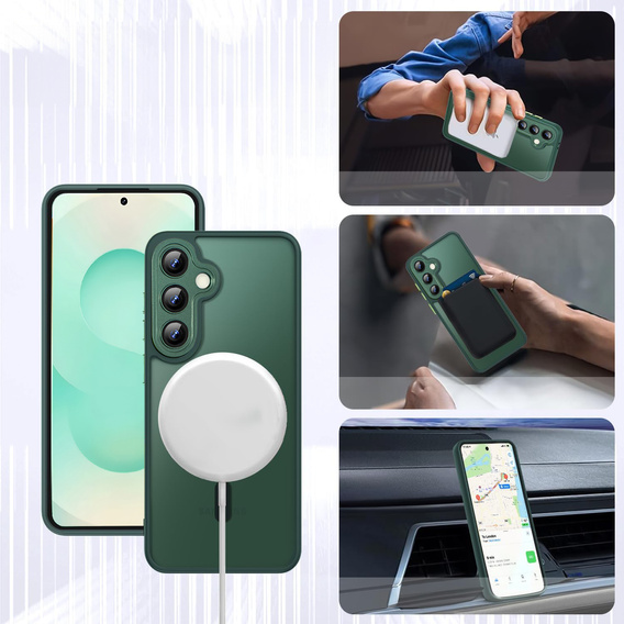 Husă pentru Samsung Galaxy S25, pentru MagSafe, ERBORD Matt Case, verde + sticlă pentru ecran