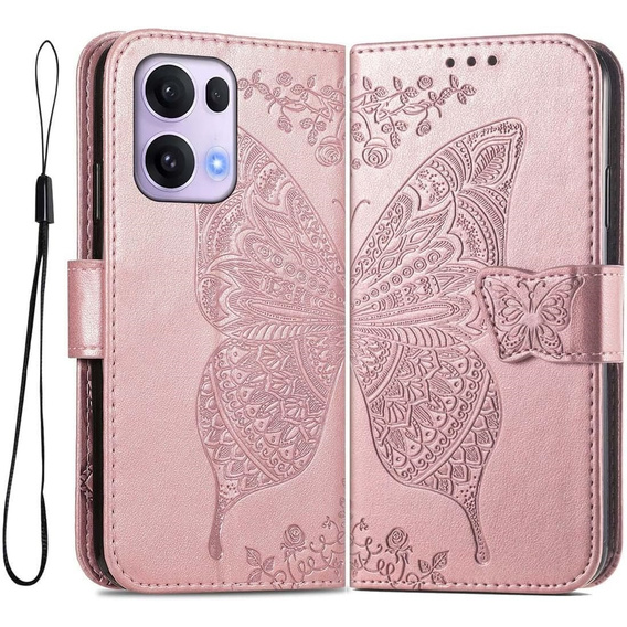 Cu clapetă pentru Oppo Reno 13 Pro, Butterfly, roz rose gold