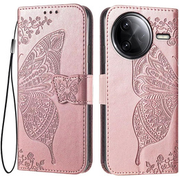 Cu clapetă pentru Xiaomi Poco F7 Ultra, Butterfly, roz rose gold