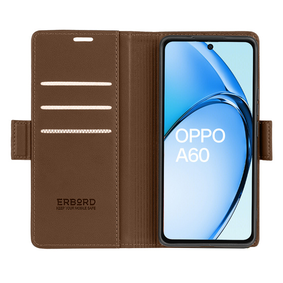 Husă pentru Oppo A60, ERBORD Glossy Litchi, portofel cu clapetă, maro