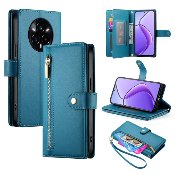Cu clapetă pentru Realme 14 Pro+ 5G, Wallet Zipper Pocket, albastru