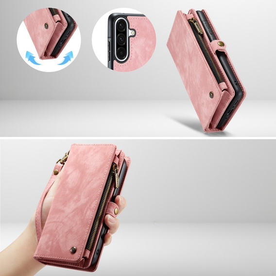 Husă CASEME pentru Samsung Galaxy A56 5G, Retro Leather Wallet, cu curea de umăr, roz